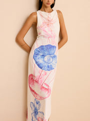 Semi-Sheer Ocean Print Maxi Dress with Slit