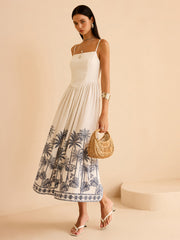 Semi-Sheer Tropical Palm Print Tie-Back Maxi Dress