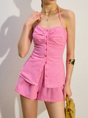 Halter Button-Front Shorts Set