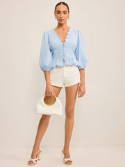 Scalloped V-Neck Peplum Top with Puff Sleeves