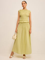 Reversible Pleated Linen Top with Ruffled Neckline