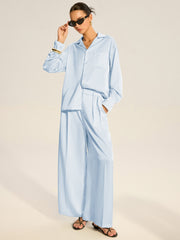 Oversized Pocket Satin Shirt and Pleated Pants Set