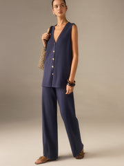 Golden Button Knit Vest Pants Set