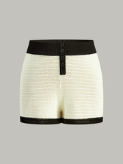 Contrast Trim Button-Front Knitted Shorts