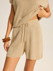 Semi-Sheer V-Neck Top and Drawstring Shorts Set