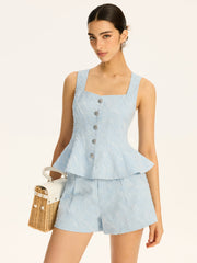 Textured Fabric Metal Button Peplum Vest