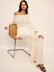 Off-Shoulder Sheer Knit Top and Flared Pants Set