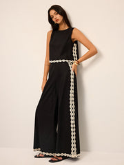 Cotton & Linen Contrast Trim Pants Set
