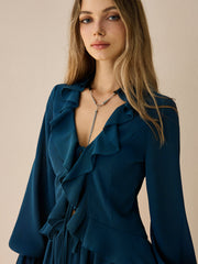 Chiffon Ruffled Long-Sleeve Top and Shorts Set