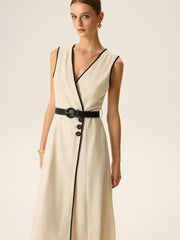Contrast Trim Belted Midi Dress