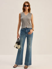Ribbed V-Neck Button-Front Knit Vest