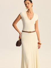 Ribbed Knit V-Neck Midi Dress Without Belt