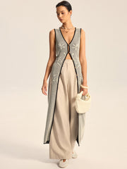 Floral Contrast Trim Knit Maxi Vest