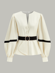 Contrast Belted Balloon Sleeve Shirt