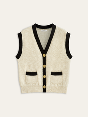Contrast Trim Metal Button Textured Knit Vest