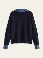 Denim Panel Asymmetric V-Neck Knit Top