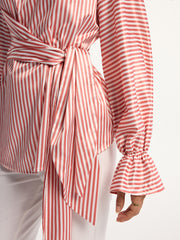 Wrap-Tie Striped Keyhole Blouse