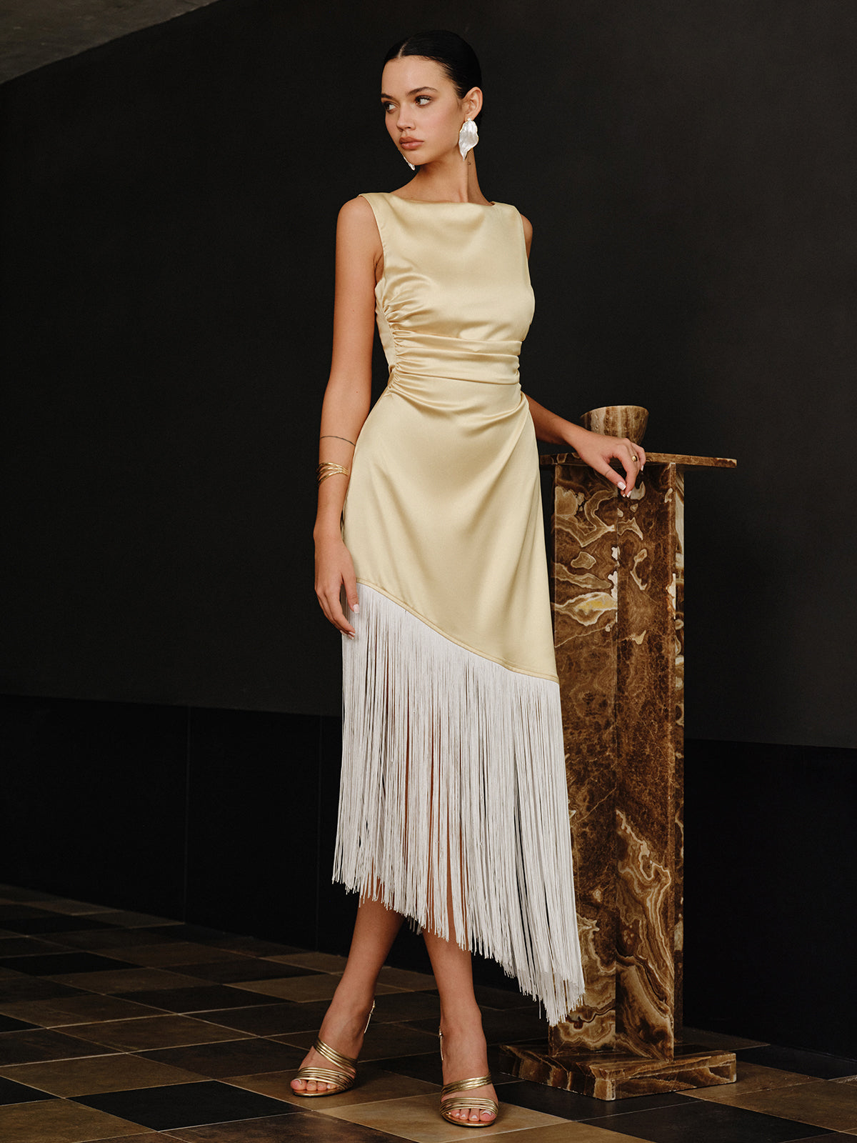 Satin Asymmetric Fringe Hem Maxi Dress