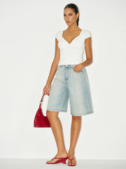 Mid-Waist Denim Bermuda Shorts