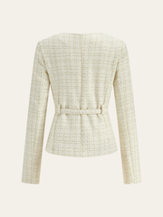 Metal Button Tweed Belted Blazer