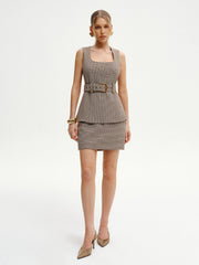 Belted Houndstooth Square-Neck Vest