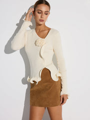 3D Floral Ruffled Hem Knit Top