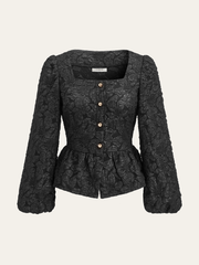 Textured Puff Sleeve Peplum Blouse
