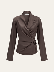 Satin Wrap-Front Long-Sleeve Top