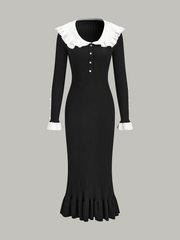 Contrast Ruffled Collar Knit Midi Dress