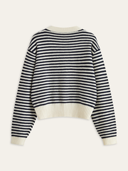 Striped V-Neck Buttoned Wool Blend Sweater
