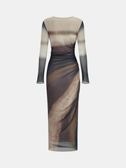 Ombre Long Sleeve Ruched Mesh Maxi Dress