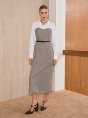 2 in 1 Shirt Plaid Panel Midi Dress with Belt