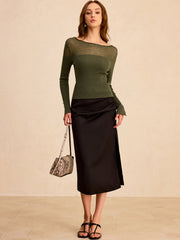 Sheer-Paneled Boat Neck Knit Top