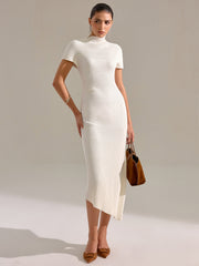 Mock Neck Short Sleeve Asymmetric Hem Maxi Dress