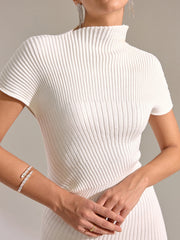 Mock Neck Short Sleeve Asymmetric Hem Maxi Dress