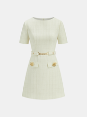 Metal Detail Tweed Belted Mini Dress