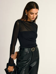 Mesh Panel Ruched Long Sleeve Bodysuit
