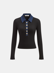 Contrast Collar Metal Button Ribbed Knit T-Shirt