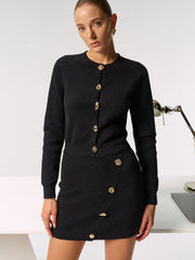 Metal Button Cardigan and Asymmetric Skirt Set