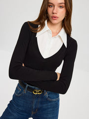 High-Stretch Contrast Shirt Collar Knit Bodysuit