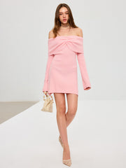 Off-Shoulder Bell Sleeve Wool Blend Mini Dress