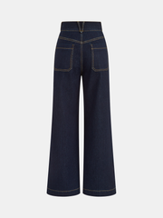 High-Waisted Double-Button Straight-Leg Denim Pants
