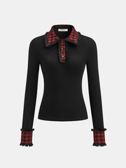 Contrast Checkered Collar Ribbed Knit Top