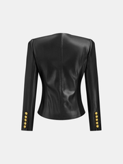 Faux Leather Round Neck Metal Button Fitted Blazer