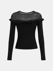 3D Floral Ruffle Trim Sheer Panel Knit Top