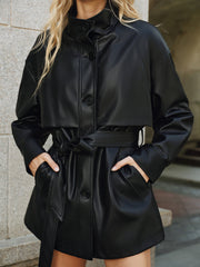 Stand Collar Belted PU Leather Quilted Jacket
