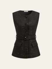 Tweed Belted Sleeveless Vest