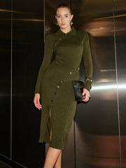 Wool Blend Polo Collar Asymmetric Slit Midi Dress