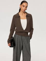 2 in 1 Color-Block Wool Blend Polo Collar Sweater