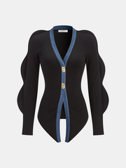 Scalloped Sleeve Denim Paneled Ribbed Cardigan